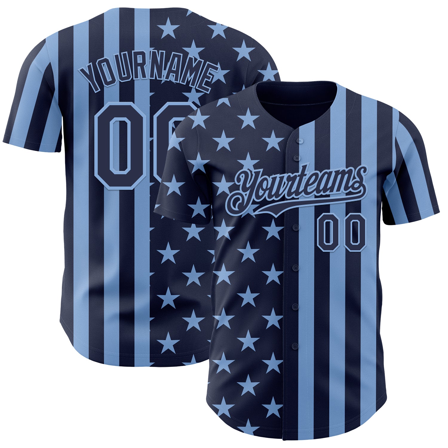 3DPattern16004.jpg Custom Navy-Light Blue USA Flag Patriotic Split Stars and Stripes Authentic Baseball Jersey - Image 1