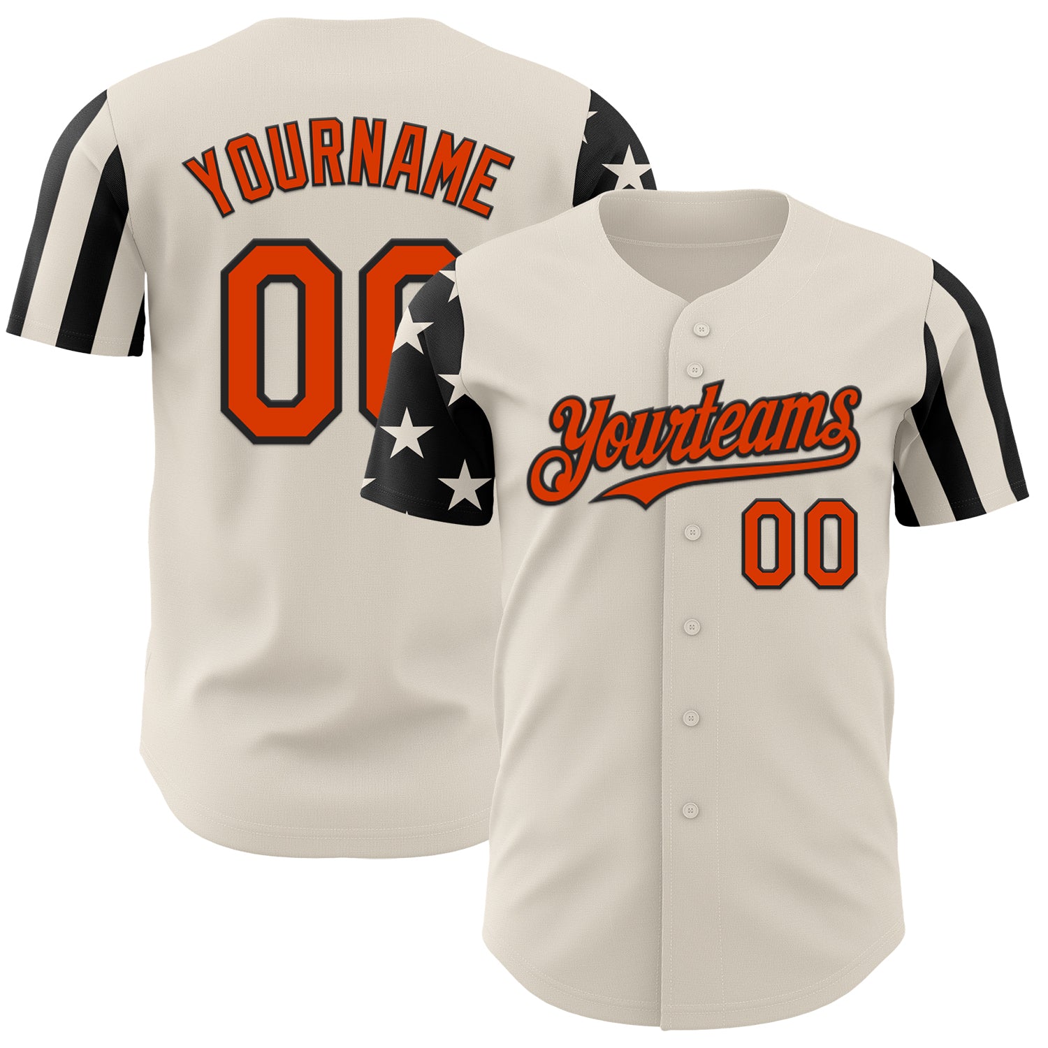 3DPattern16031.jpg Custom Cream Orange-Black Two Tone USA Flag Sleeves Stars and Stripes Authentic Baseball Jersey - Image 1