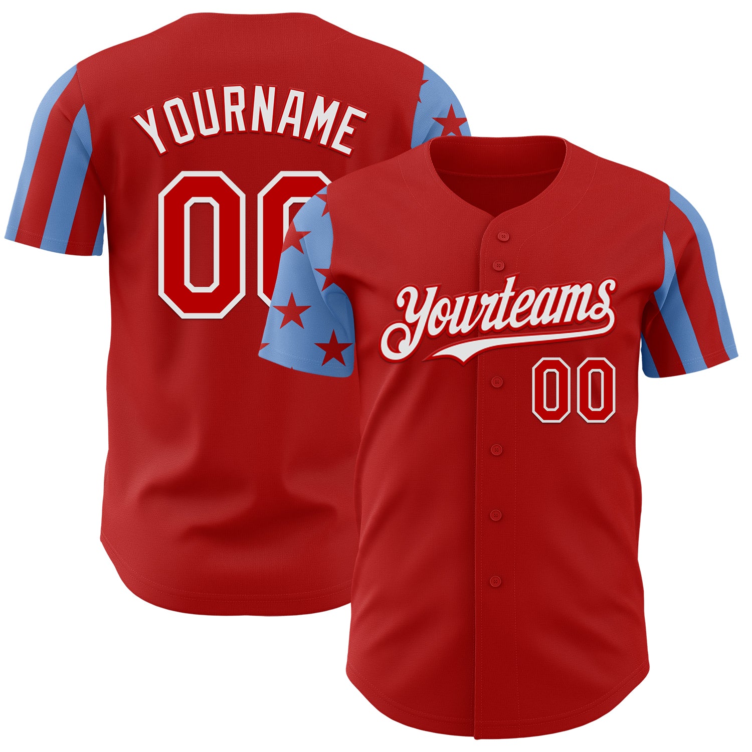 3DPattern16038.jpg Custom Red Powder Blue-White Two Tone USA Flag Sleeves Stars and Stripes Authentic Baseball Jersey - Image 1