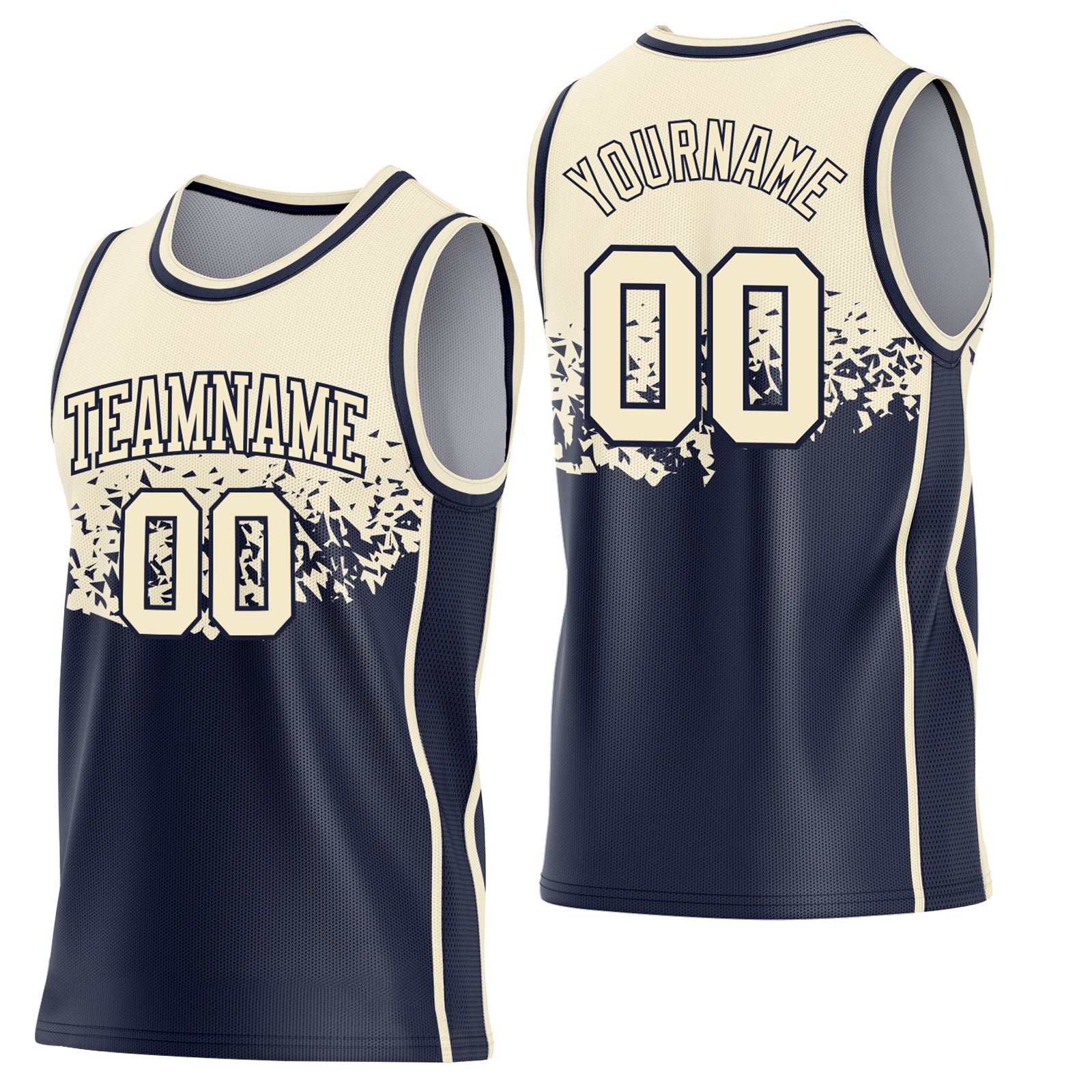 BSuit0816-1.jpg Cream / Navy Shattered Geometric Side Panel Stripe Basketball Uniform Set - Image 1