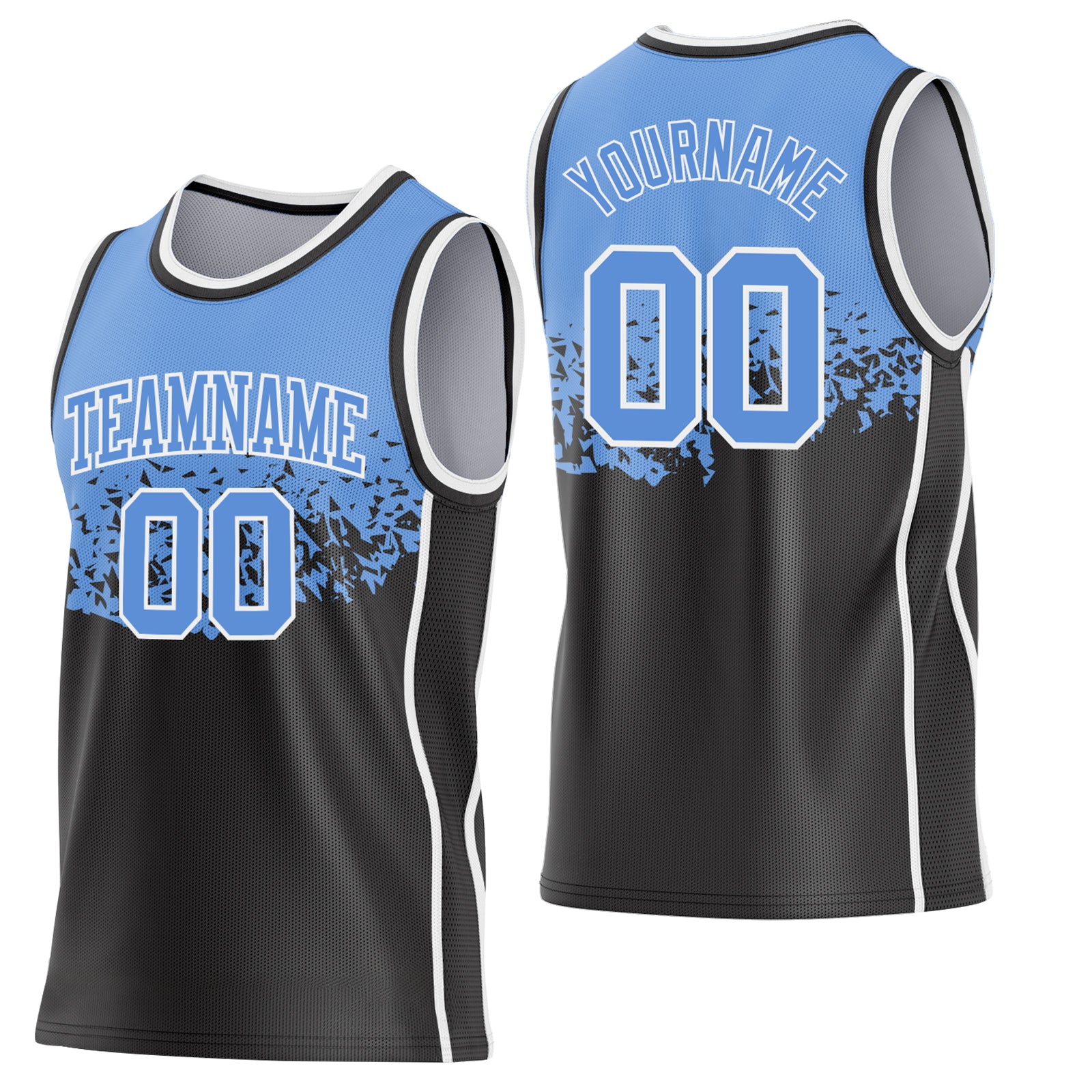 BSuit0824-1.jpg Light Blue Black / White Shattered Geometric Side Panel Stripe Basketball Uniform Set - Image 1