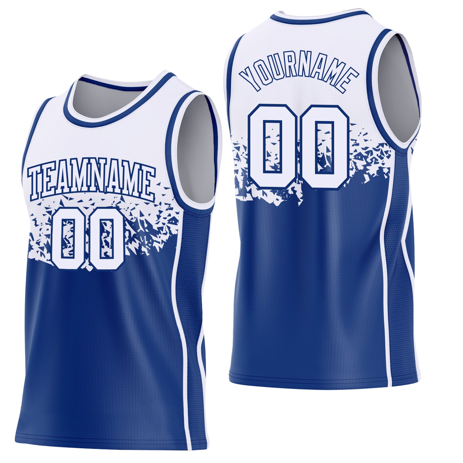 BSuit0834-1.jpg White / Royal Shattered Geometric Side Panel Stripe Basketball Uniform Set - Image 1
