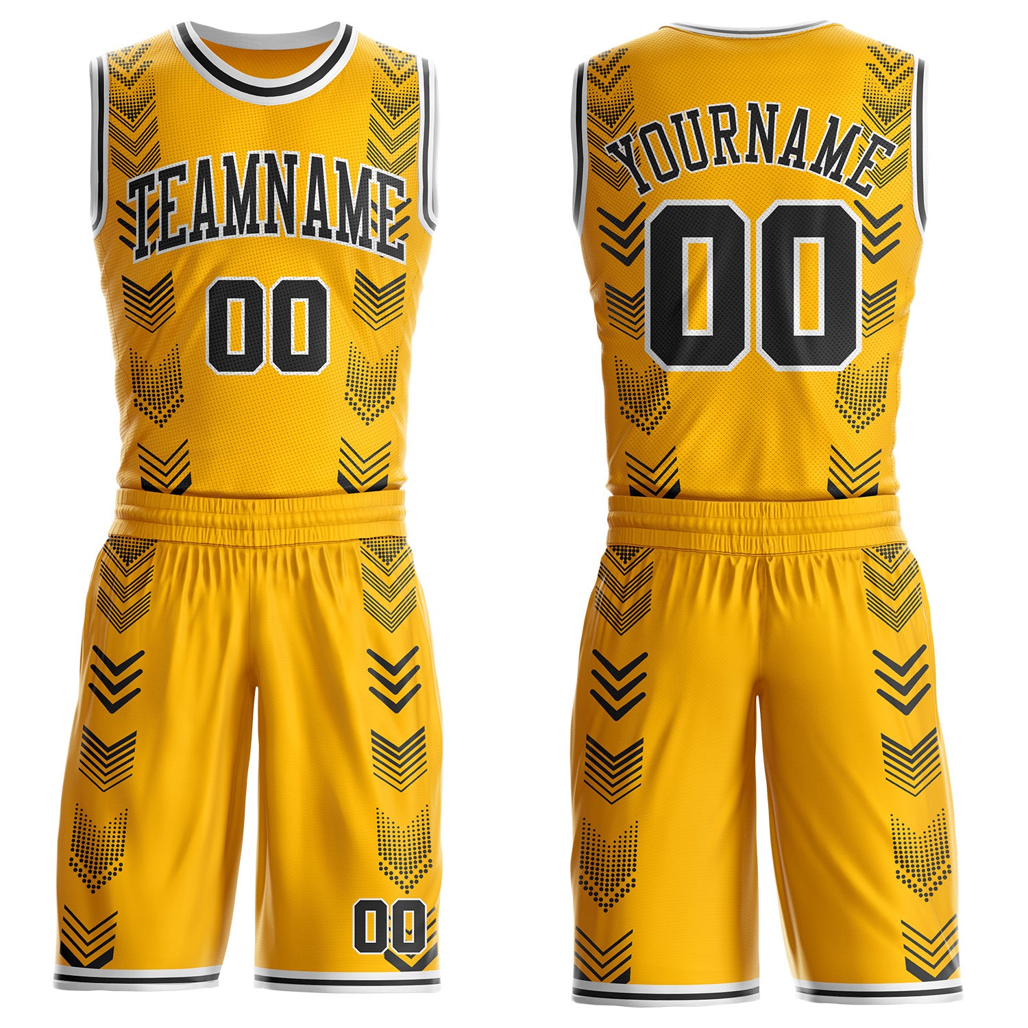 BSuit1017.jpg Custom Gold Black-White Geometric Chevron Pattern Round Neck Sublimation Basketball Uniform Jersey - Image 1