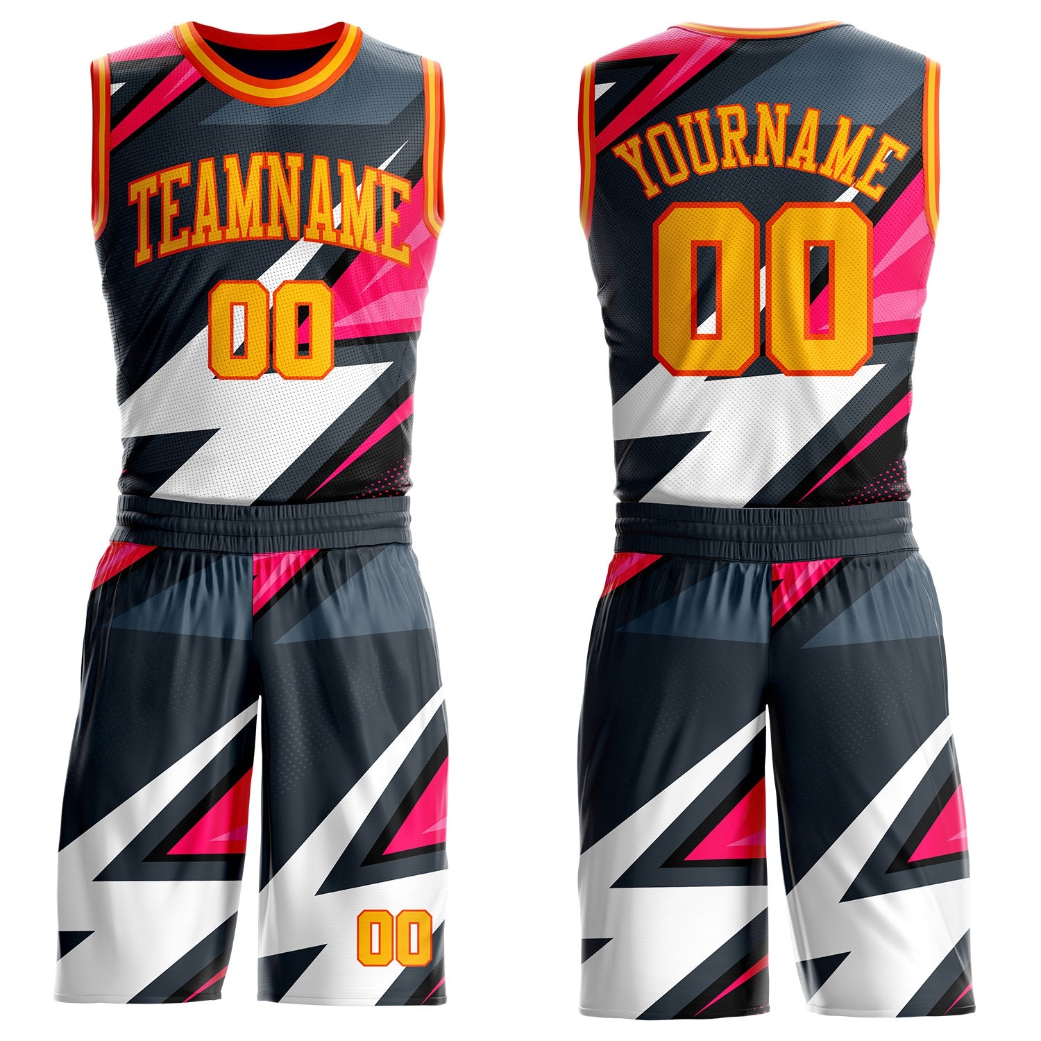 BSuit1123-1.jpg Black Gold Pink / Orange Vibrant Lightning Stripe Basketball Uniform - Image 1