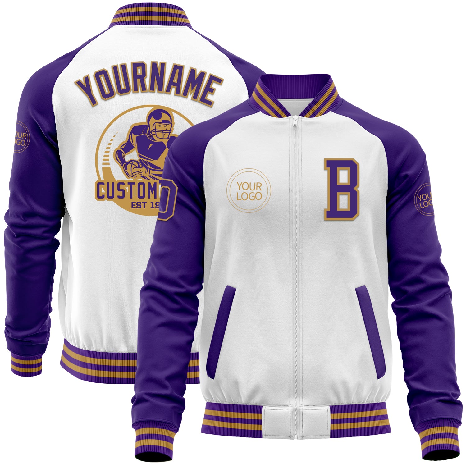 Jacket6145.jpg White Purple / Old Gold Bomber Varsity Letterman Two Tone Zipper Varsity Varsity Jacket - Image 1