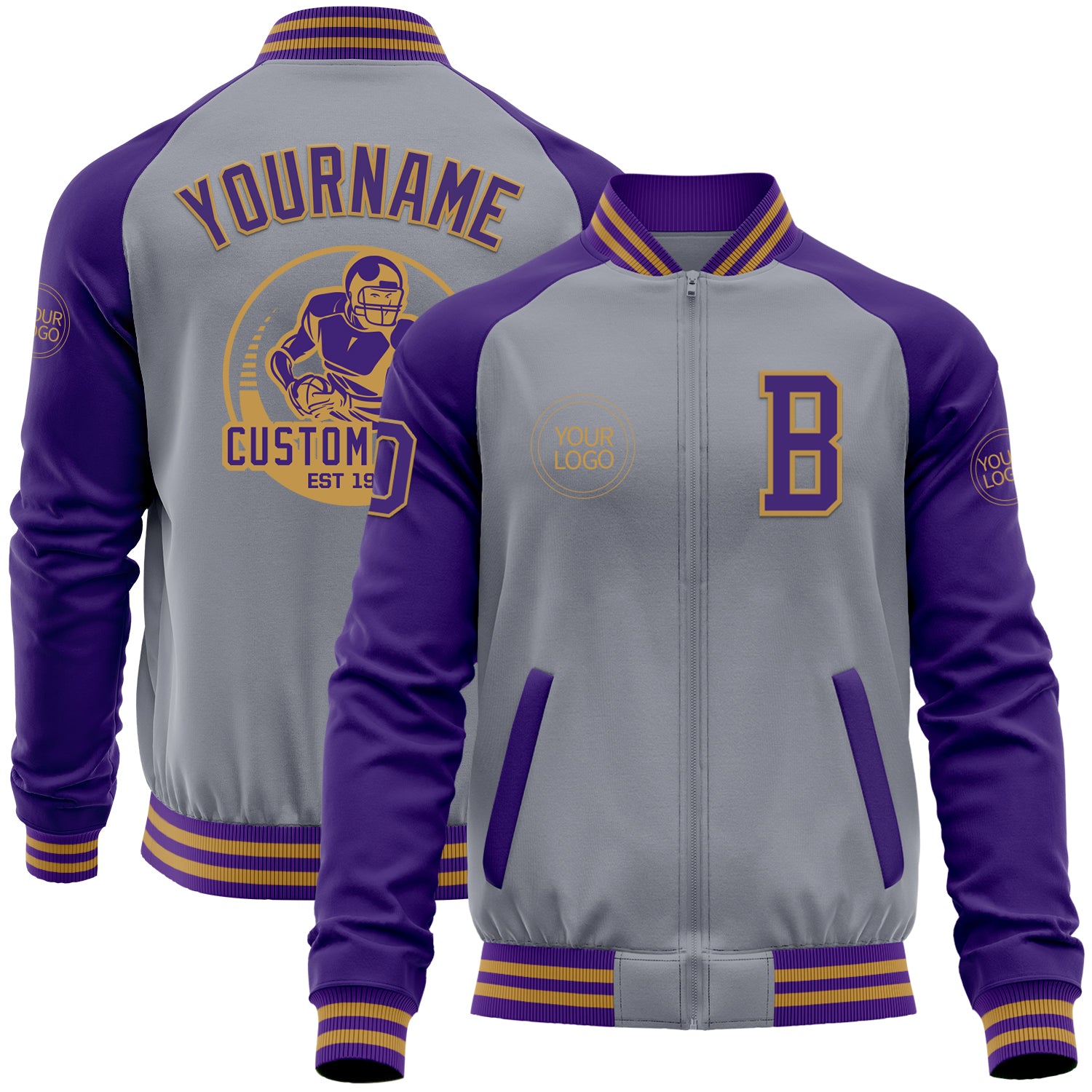 Jacket6147.jpg Gray Purple / Old Gold Bomber Varsity Letterman Two Tone Zipper Varsity Varsity Jacket - Image 1