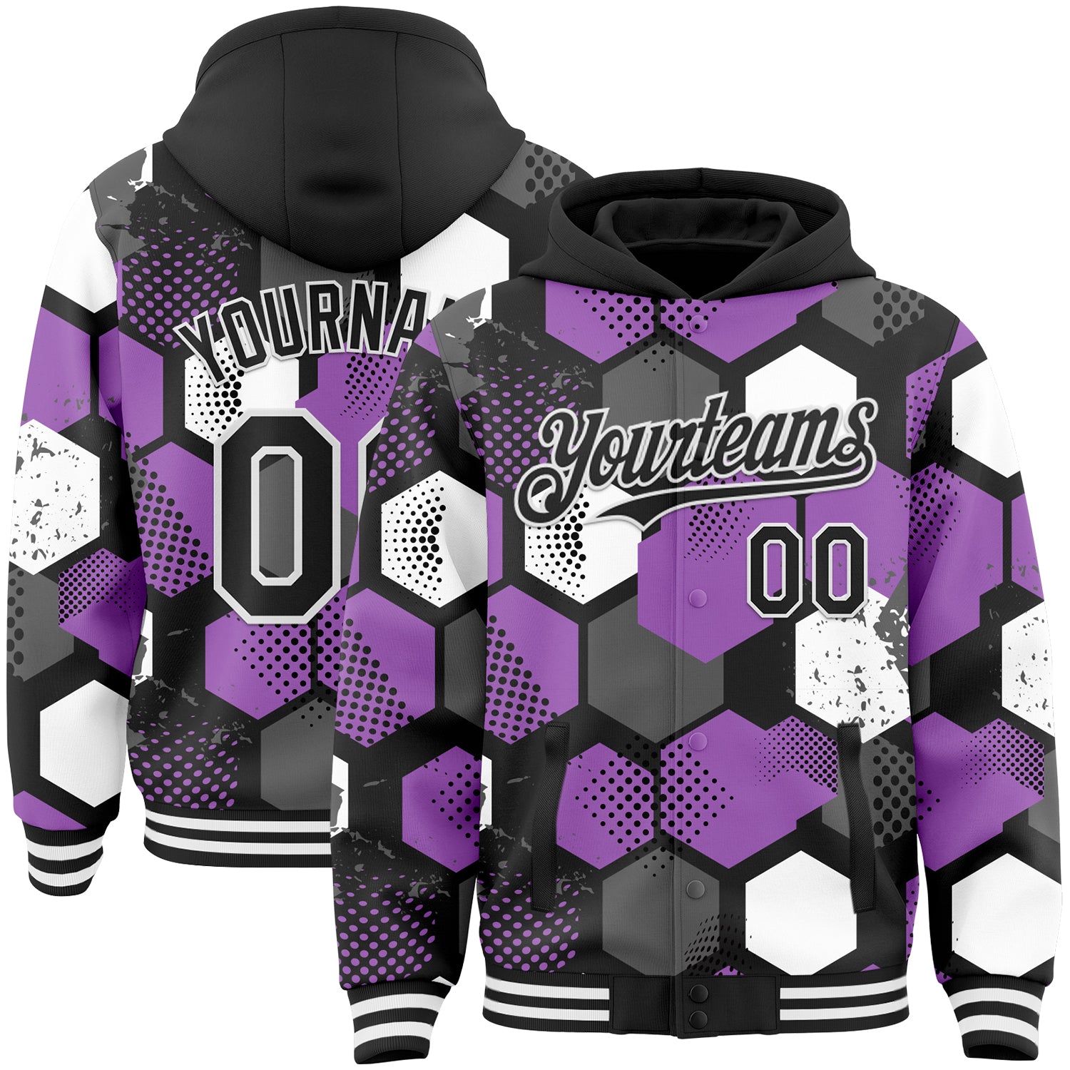 Jacket7366.jpg Black Medium Purple / White Geometric Shape Bomber Full / Snap Varsity Pullover Hoodie - Image 1