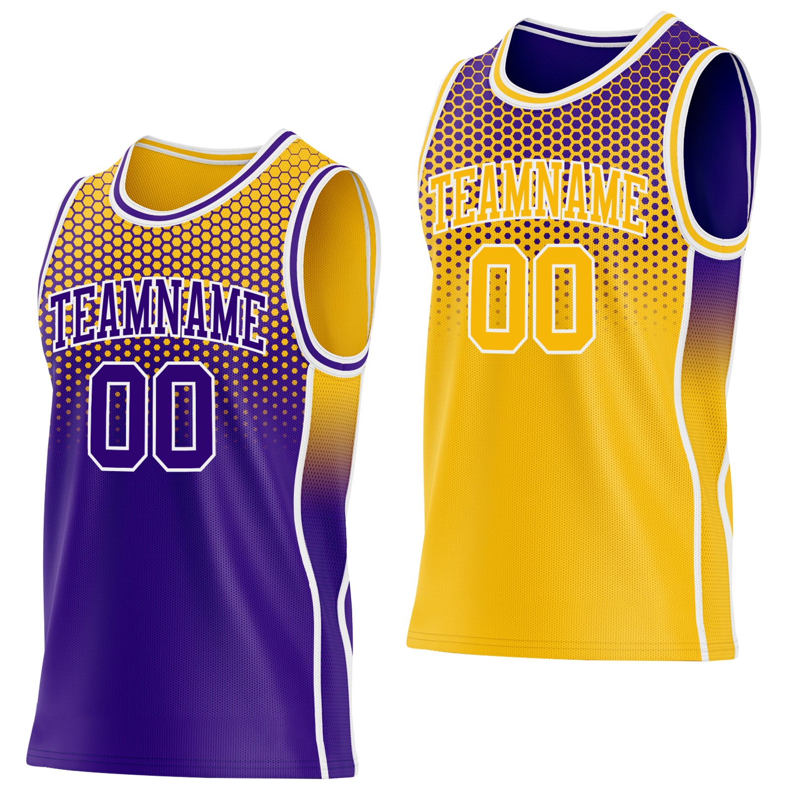 ReversibleD0685.jpg Purple Gold / White Gradient Honeycomb Reversible Basketball Uniform Set - Image 1