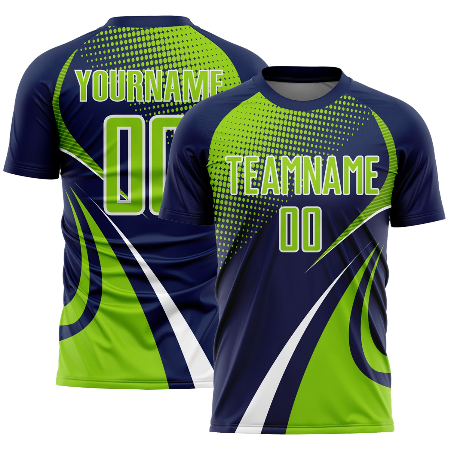 Soccer7997.jpg Navy Neon Green / White Halftone Curve Stripe Soccer Uniform - Image 1