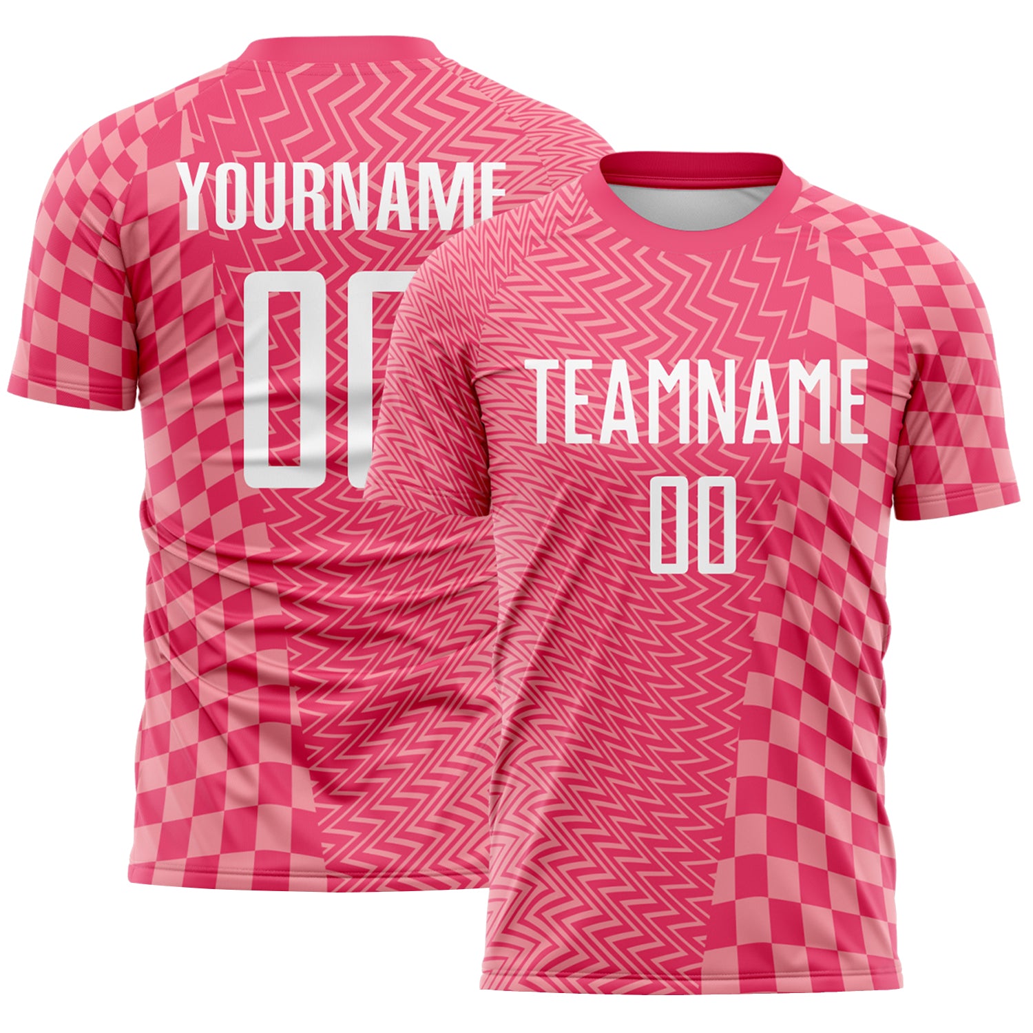 Soccer8217-1.jpg Neon Pink White / Medium Pink Geometric Patchwork Asymmetry Checkered Zigzag Soccer Uniform - Image 1