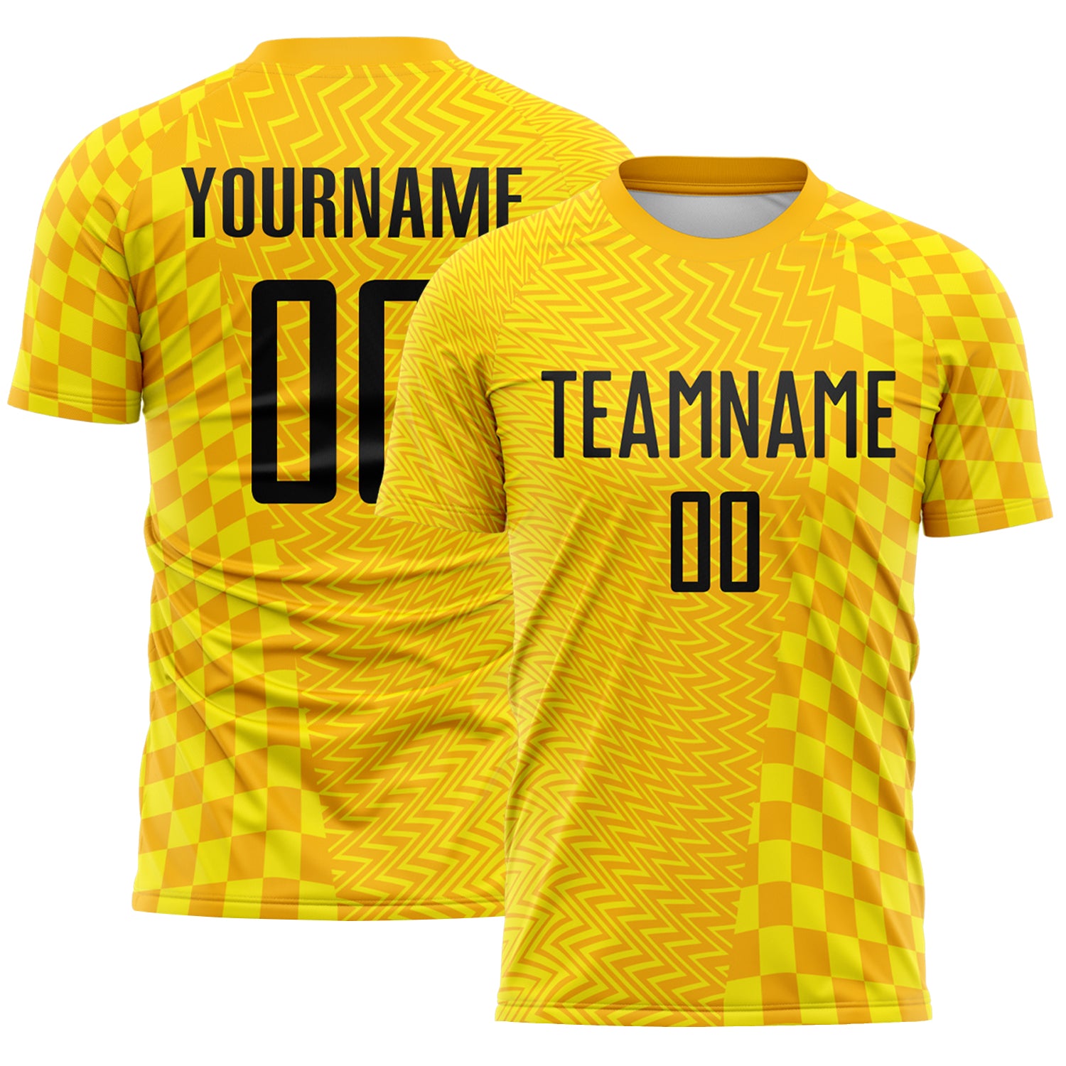 Soccer8223-1.jpg Gold Black / Light Yellow Geometric Patchwork Asymmetry Checkered Zigzag Lines Soccer Uniform - Image 1