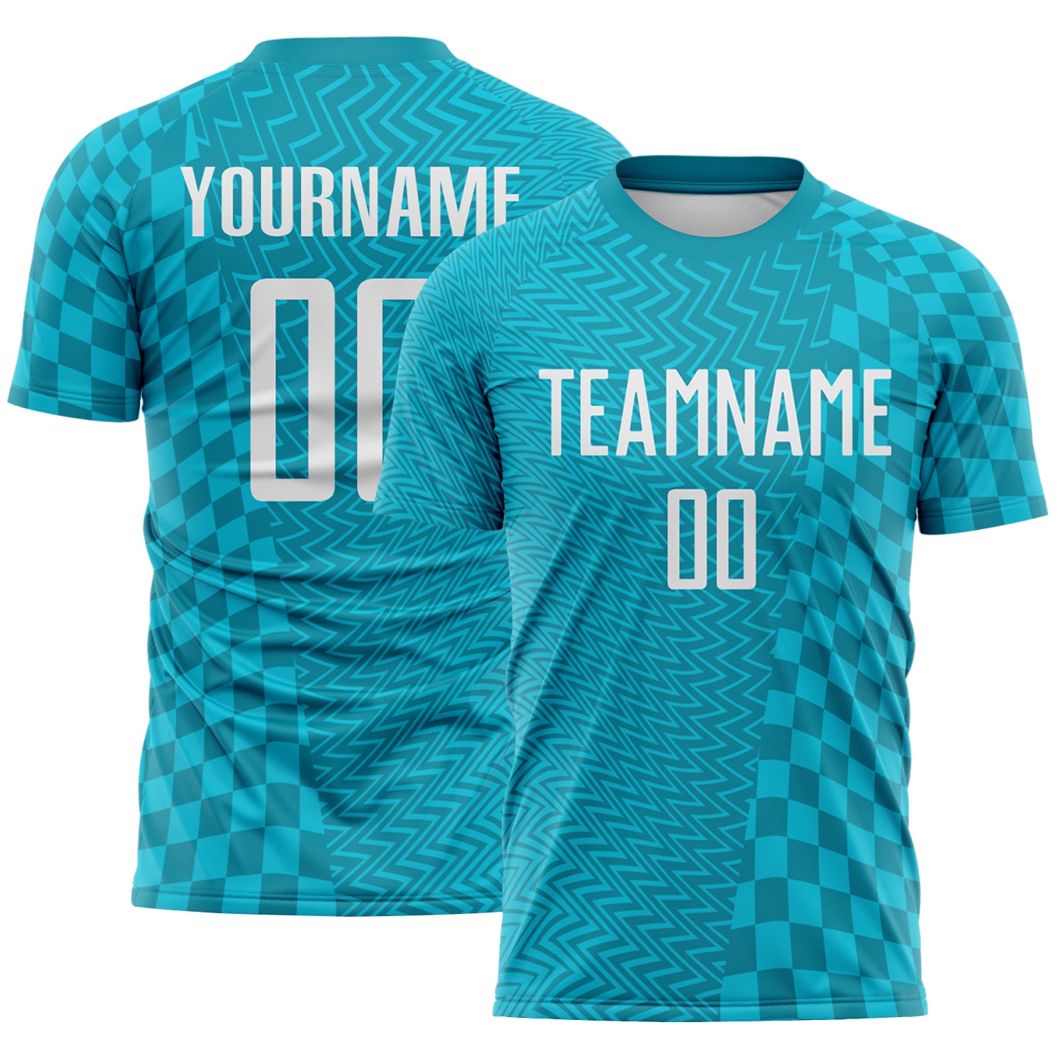 Soccer8224-1.jpg Teal White / Lakes Blue Geometric Patchwork Asymmetry Checkered Zigzag Lines Soccer Uniform - Image 1