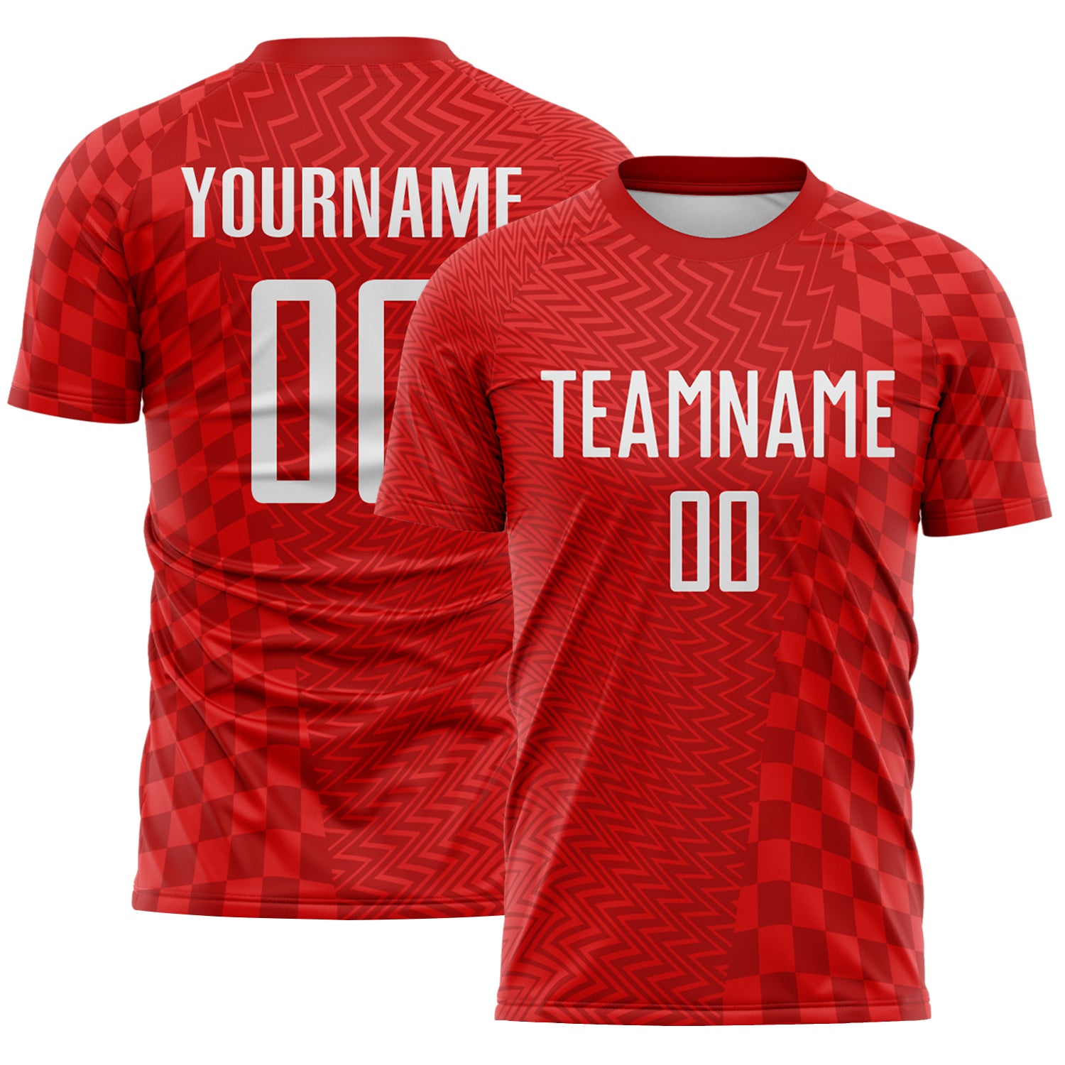 Soccer8230-1.jpg Red / White Geometric Patchwork Asymmetry Checkered Zigzag Lines Soccer Uniform - Image 1