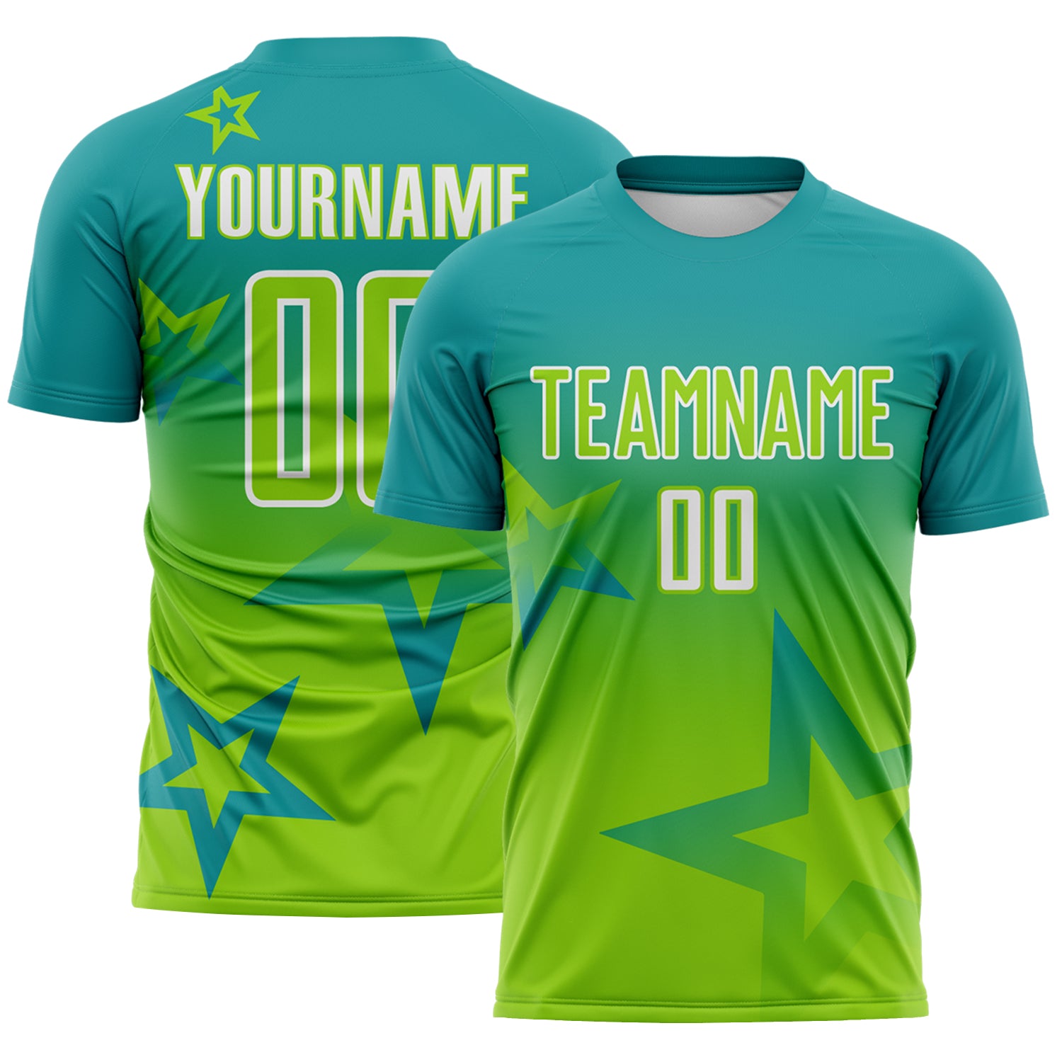 Soccer8263-1.jpg Teal Neon Green / White Gradient Style Twinkle Star Soccer Uniform - Image 1
