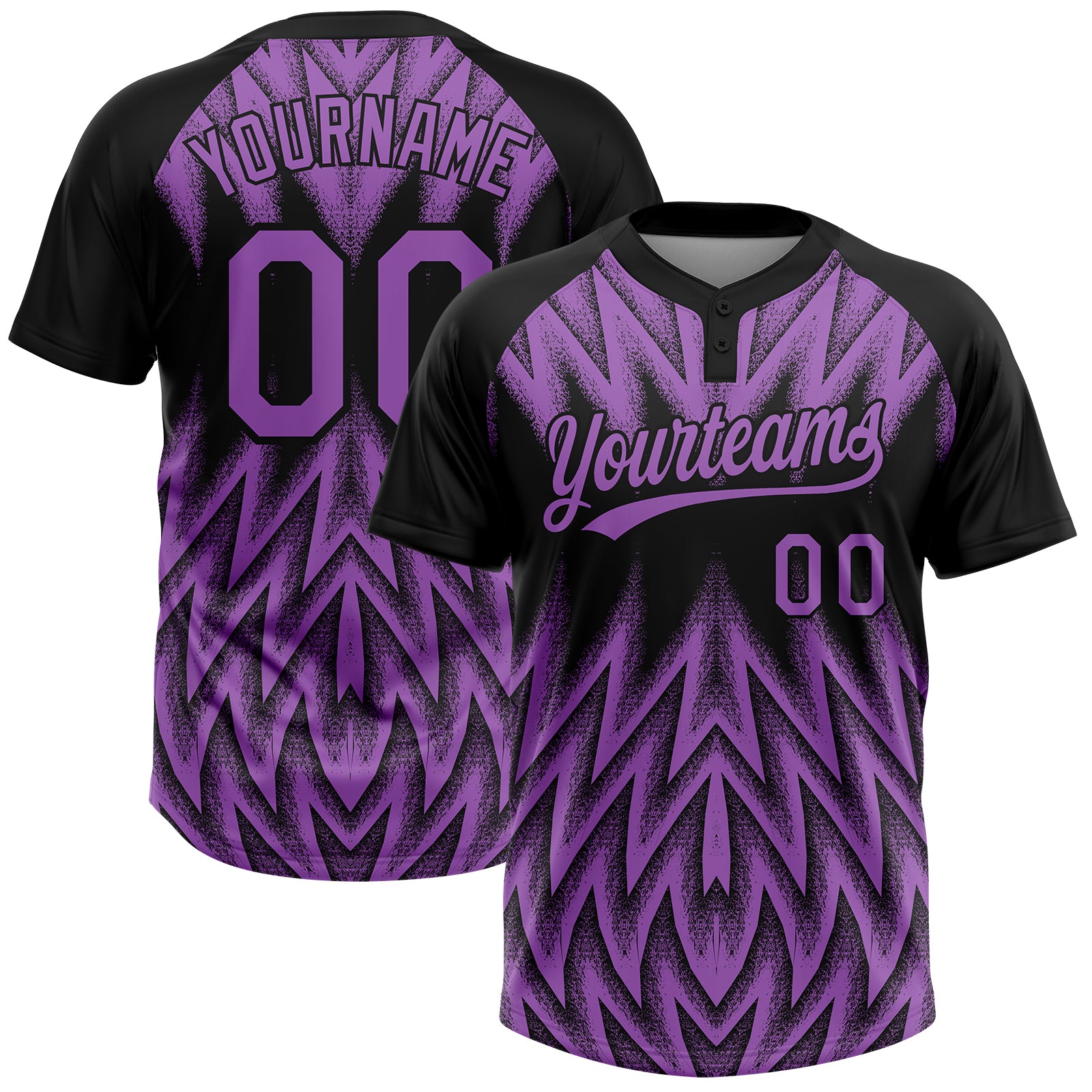 Softball2691.jpg Black / Purple Raglan Sleeves Abstract Geometric Chevron Zigzag Two / Button Softball Jersey - Image 1